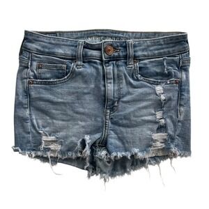 American Eagle 4 Light Wash Denim, Super Stretch Distressed Hi-Rise Jean Shortie